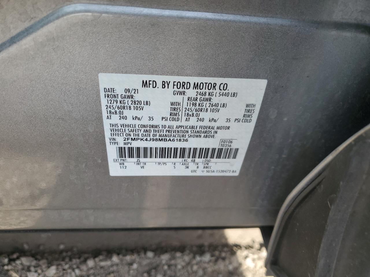 2021 Ford Edge Sel VIN: 2FMPK4J98MBA61836 Lot: 90981775