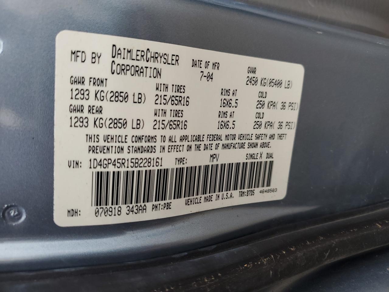 2005 Dodge Caravan Sxt VIN: 1D4GP45R15B228161 Lot: 93398705