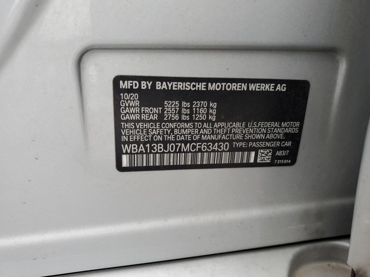 2021 BMW 530 Xi VIN: WBA13BJ07MCF63430 Lot: 93245895