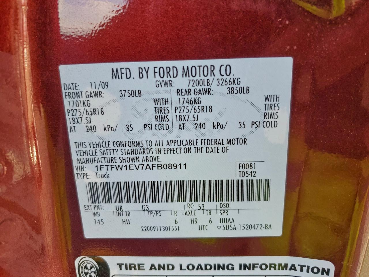 2010 Ford F150 Supercrew VIN: 1FTFW1EV7AFB08911 Lot: 94526505