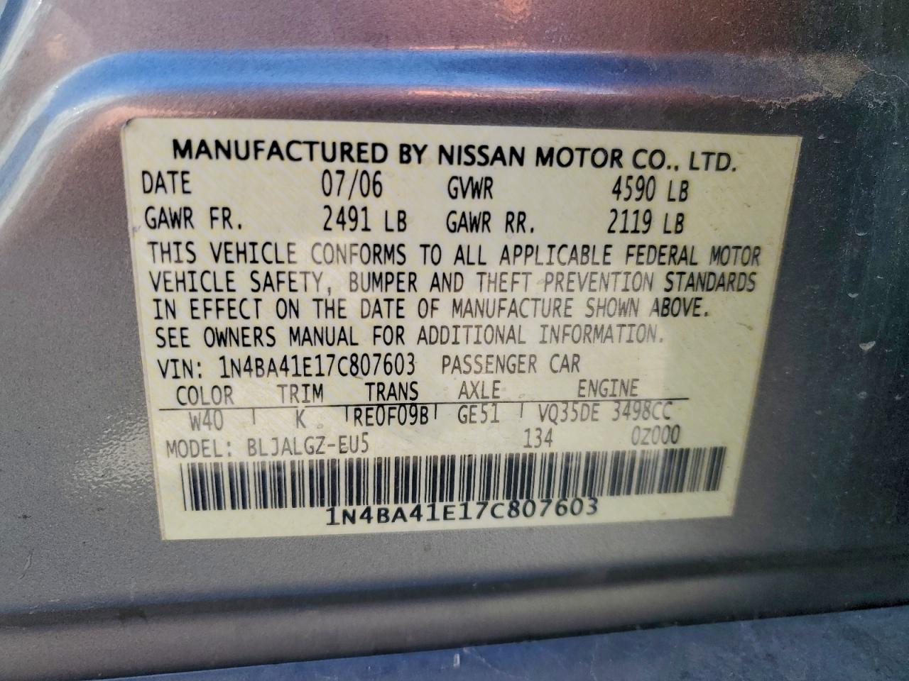 2007 Nissan Maxima Se VIN: 1N4BA41E17C807603 Lot: 94227035