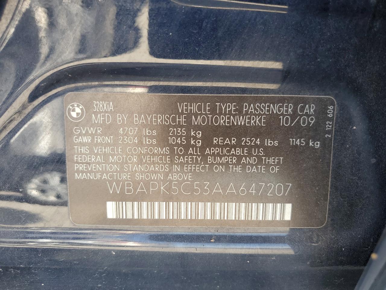 2010 BMW 328 Xi Sulev VIN: WBAPK5C53AA647207 Lot: 91275955