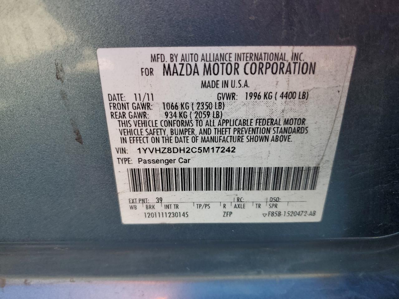 2012 Mazda 6 I VIN: 1YVHZ8DH2C5M17242 Lot: 93223495