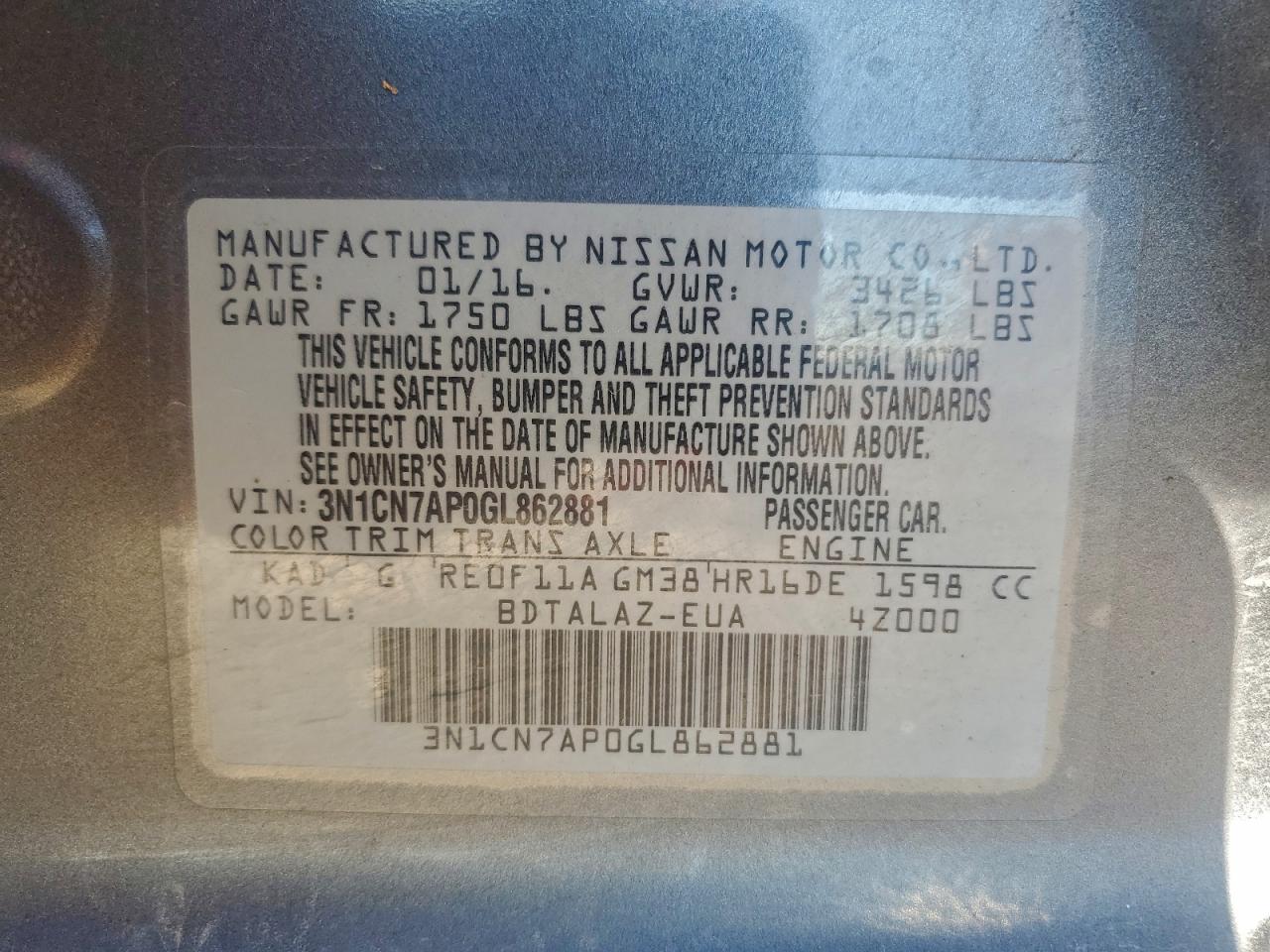 2016 Nissan Versa S VIN: 3N1CN7AP0GL862881 Lot: 93979325