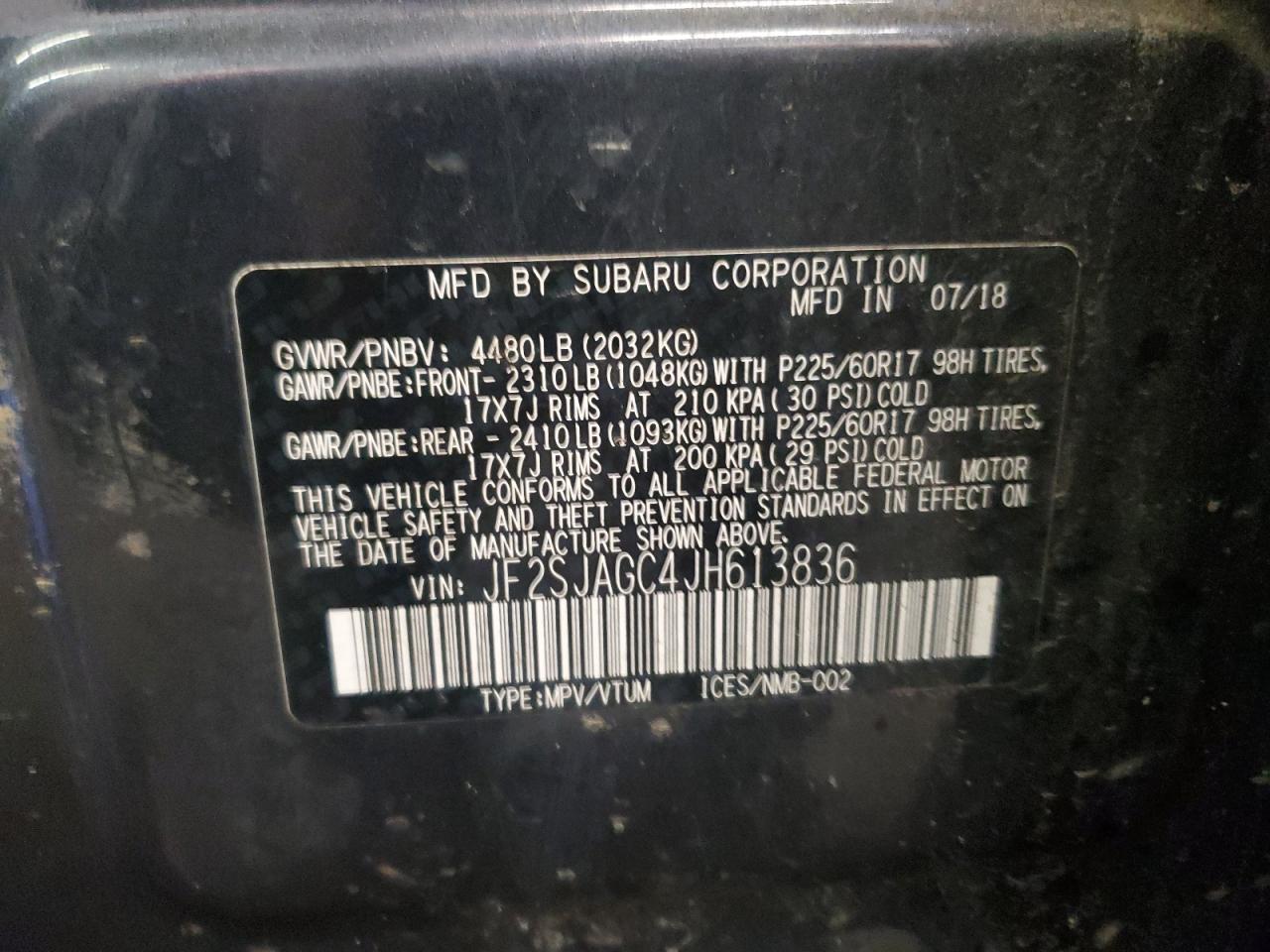 2018 Subaru Forester 2.5I Premium VIN: JF2SJAGC4JH613836 Lot: 94012985