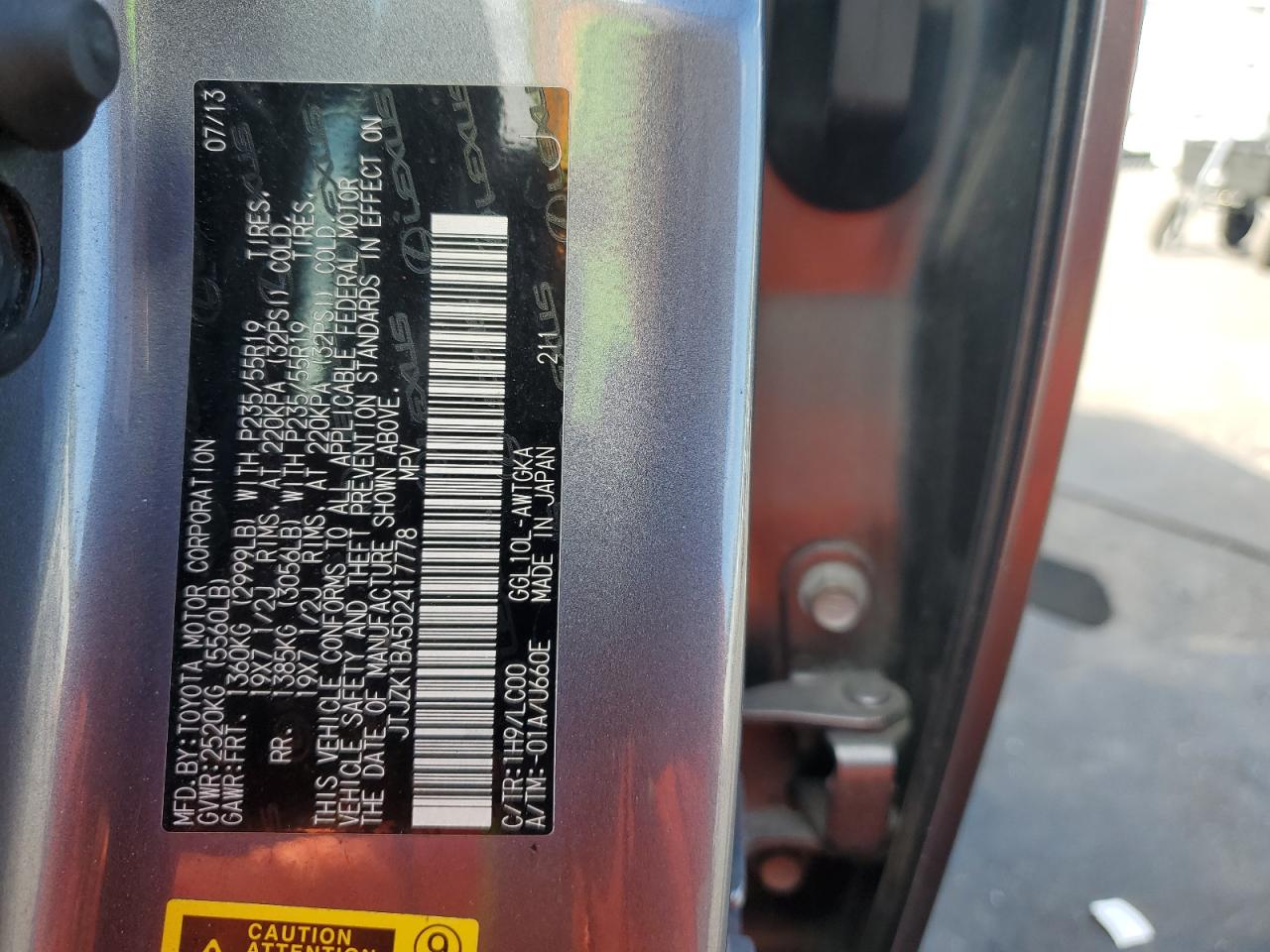 2013 Lexus Rx 350 VIN: JTJZK1BA5D2417778 Lot: 93746575