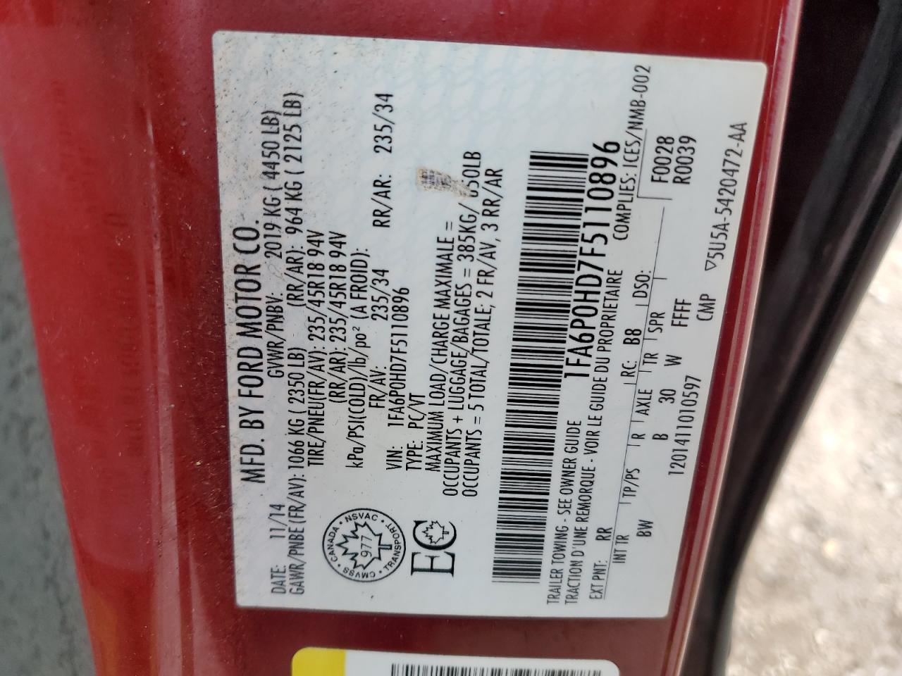 2015 Ford Fusion Se VIN: 1FA6P0HD7F5110896 Lot: 93015345