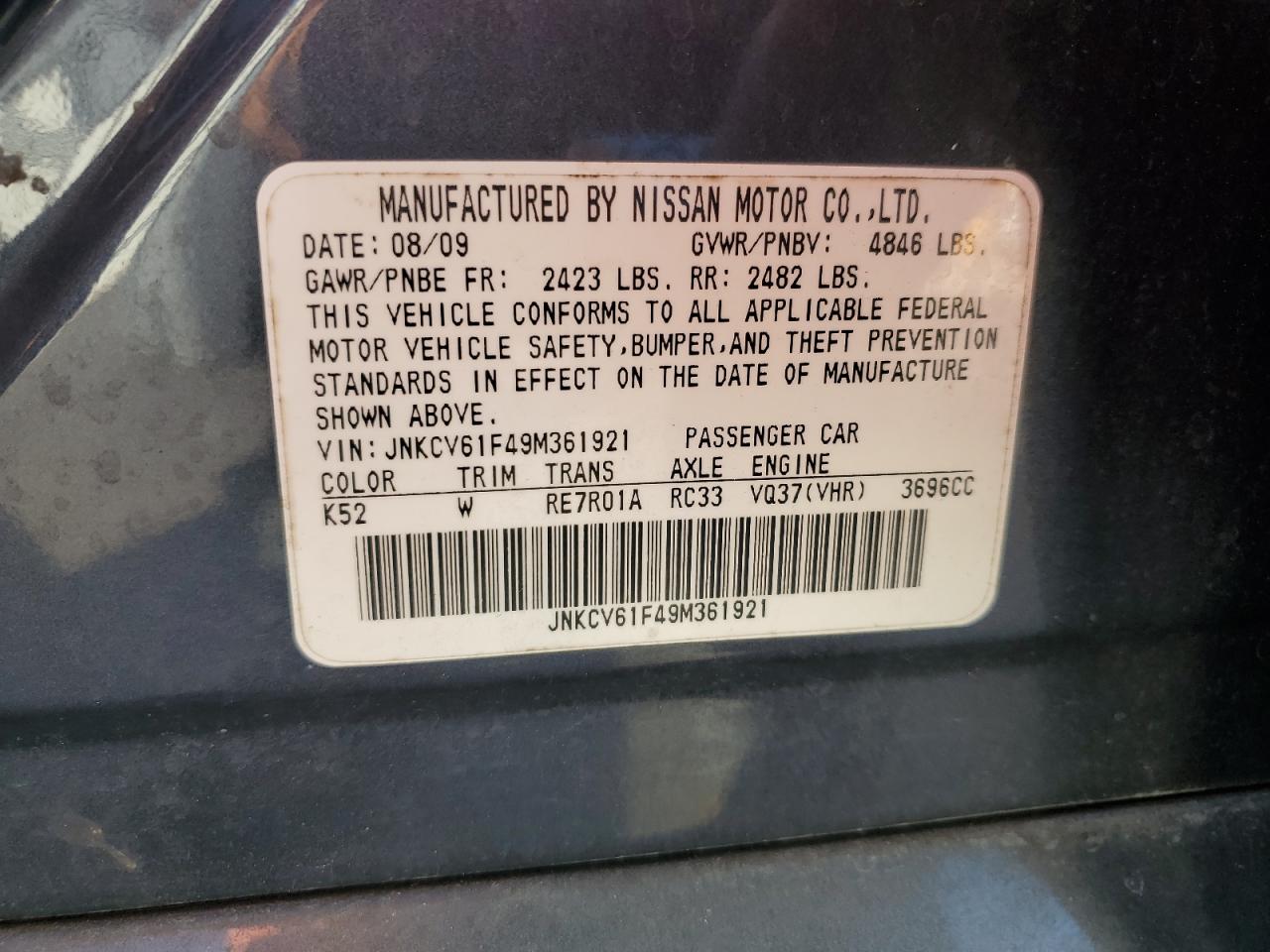 2009 Infiniti G37 VIN: JNKCV61F49M361921 Lot: 93292065