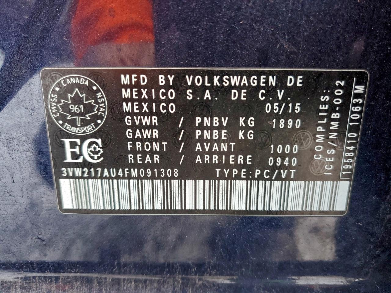 2015 Volkswagen Golf VIN: 3VW217AU4FM091308 Lot: 89809435