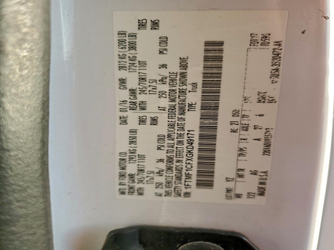 2016 Ford F150 VIN: 1FTMF1CFXGKD49171 Lot: 93969765