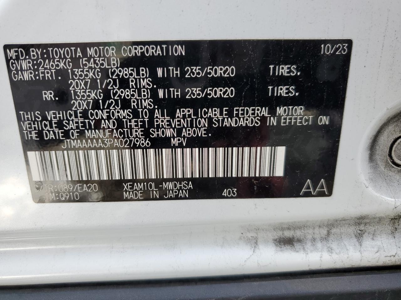 2023 Toyota Bz4X Xle VIN: JTMAAAAA3PA027986 Lot: 93067765