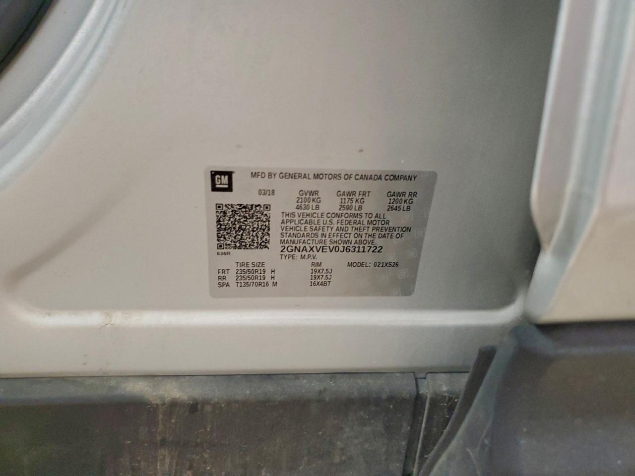 2018 Chevrolet Equinox Premier VIN: 2GNAXVEV0J6311722 Lot: 94380895