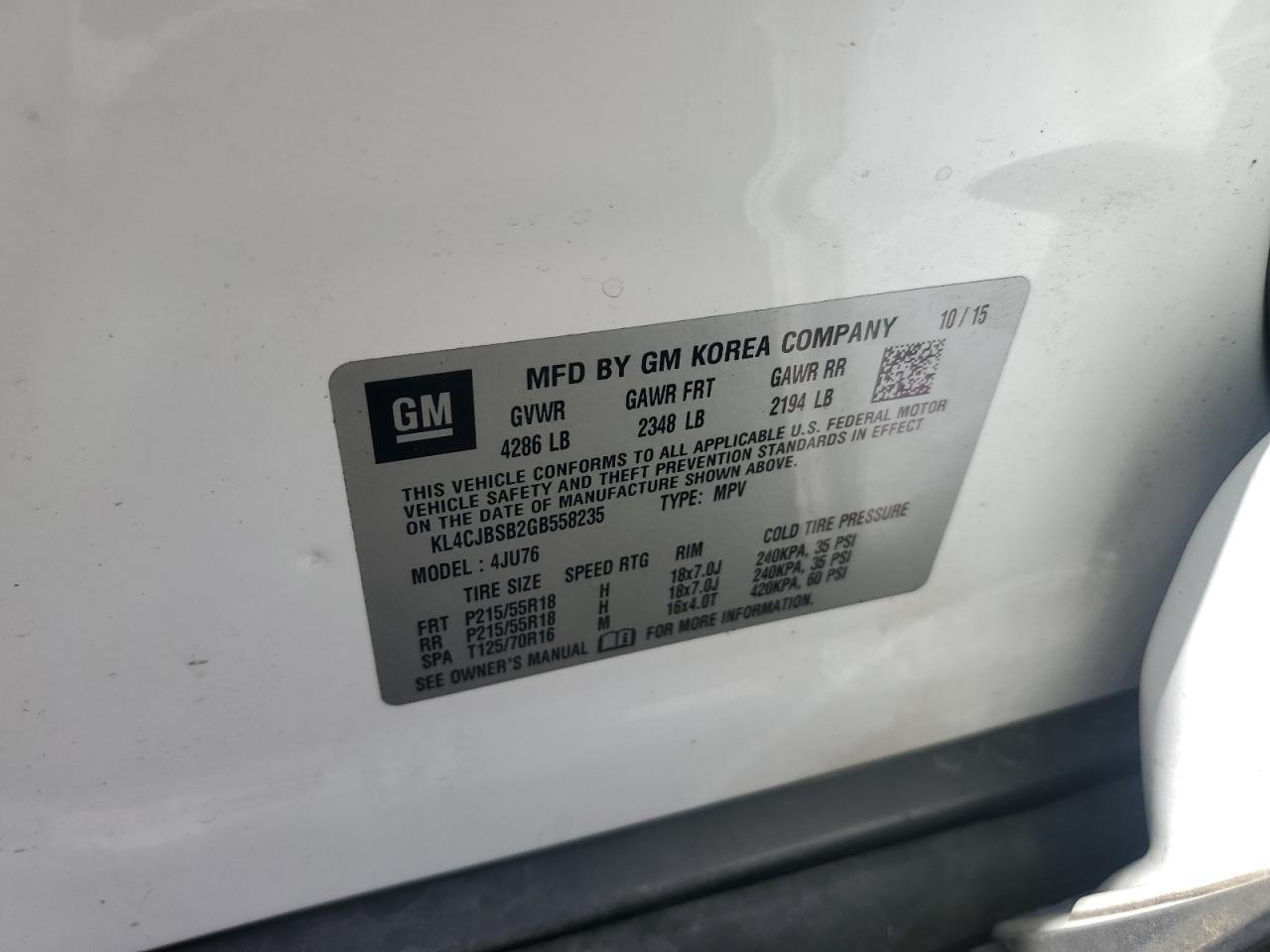 2016 Buick Encore Convenience VIN: KL4CJBSB2GB558235 Lot: 91508515