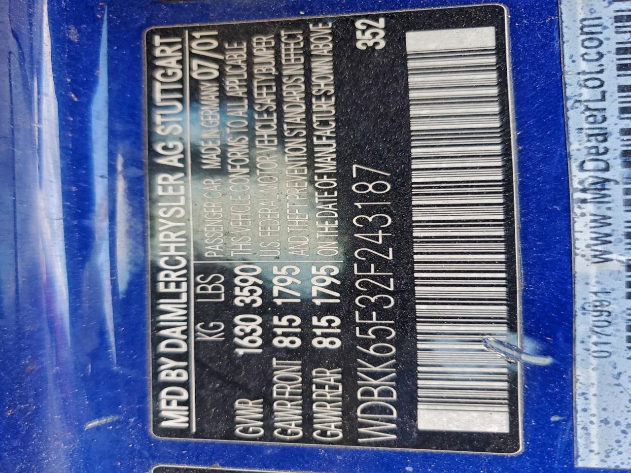 2002 Mercedes-Benz Slk 320 VIN: WDBKK65F32F243187 Lot: 93826685