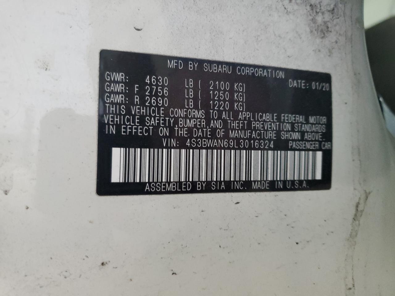 2020 Subaru Legacy Limited VIN: 4S3BWAN69L3016324 Lot: 91025305