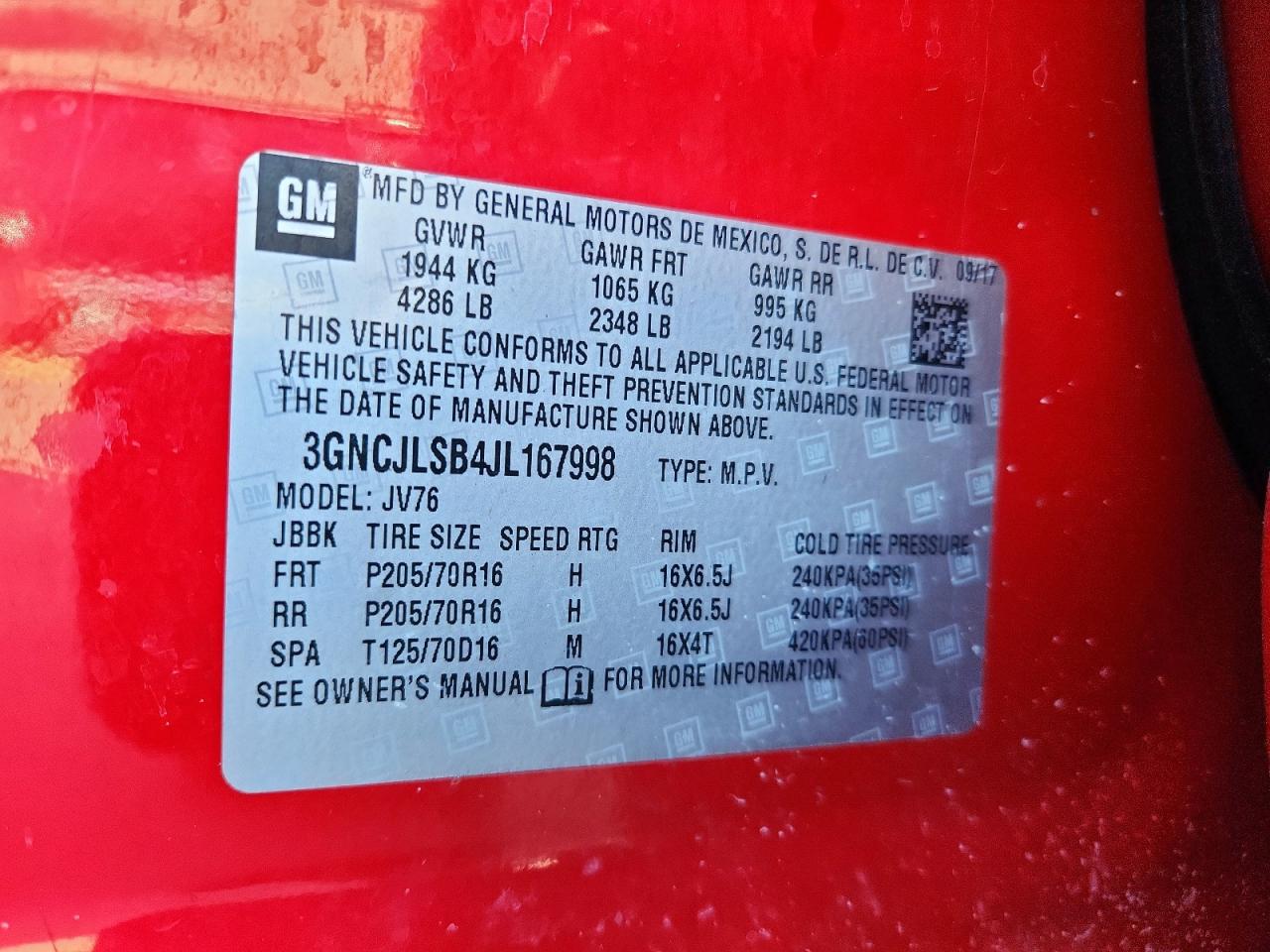 2018 Chevrolet Trax 1Lt VIN: 3GNCJLSB4JL167998 Lot: 91863585