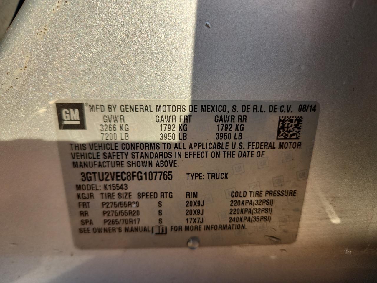 2015 GMC Sierra K1500 Slt VIN: 3GTU2VEC8FG107765 Lot: 93237125