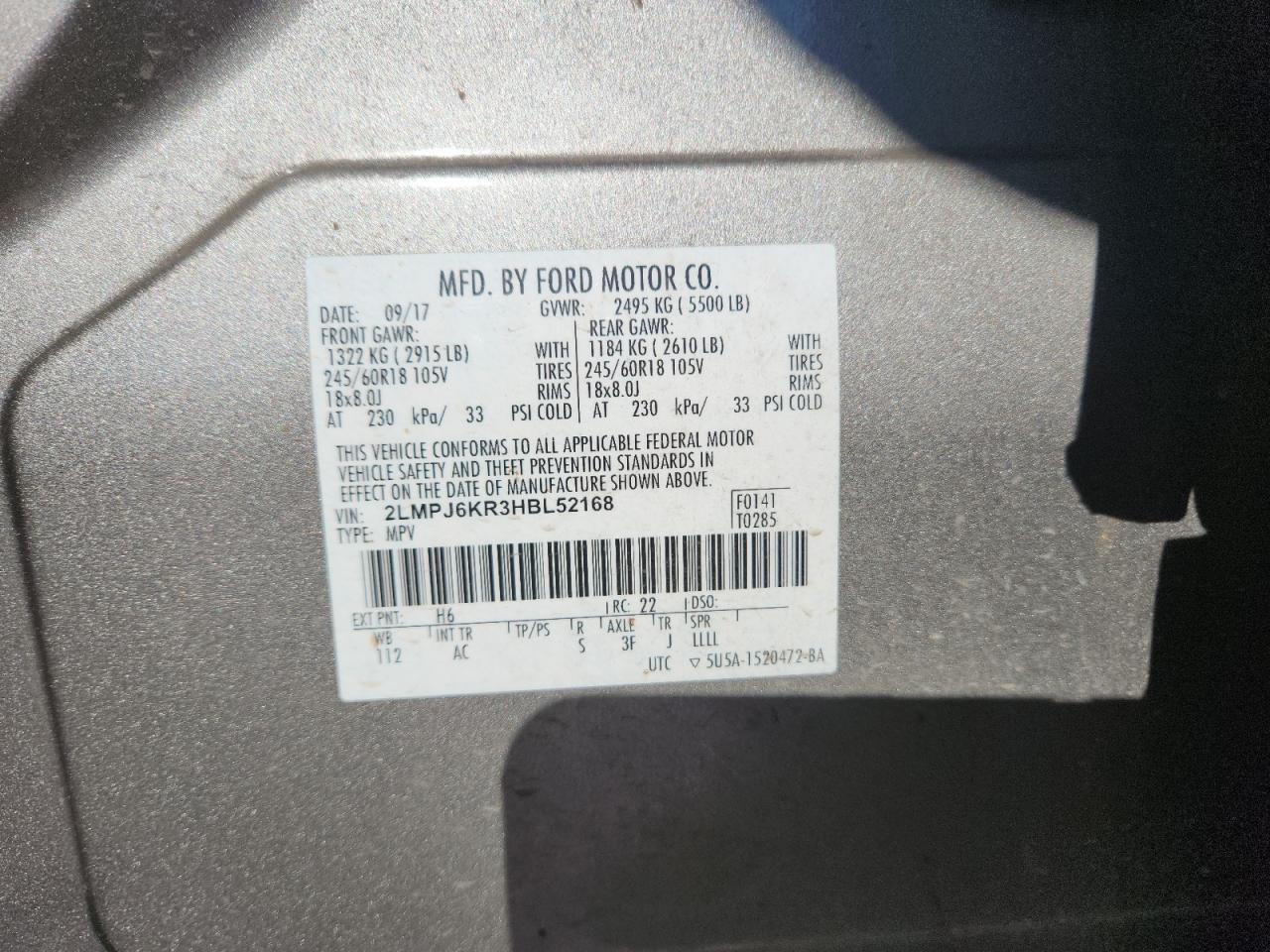 2017 Lincoln Mkx Select VIN: 2LMPJ6KR3HBL52168 Lot: 93205225