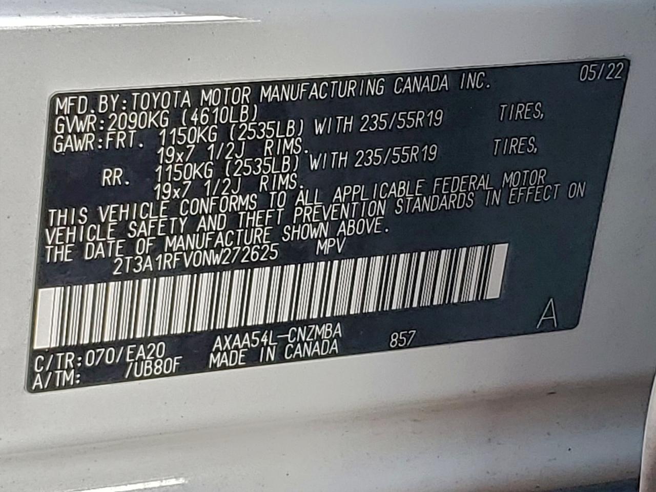 2022 Toyota Rav4 Xle Premium VIN: 2T3A1RFV0NW272625 Lot: 93963965