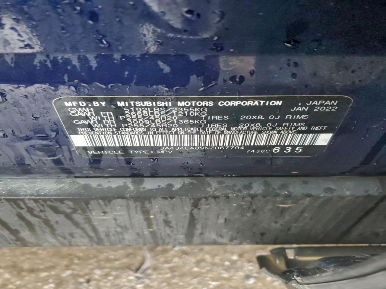 2022 Mitsubishi Outlander Se VIN: JA4J4UA89NZ067794 Lot: 94312885