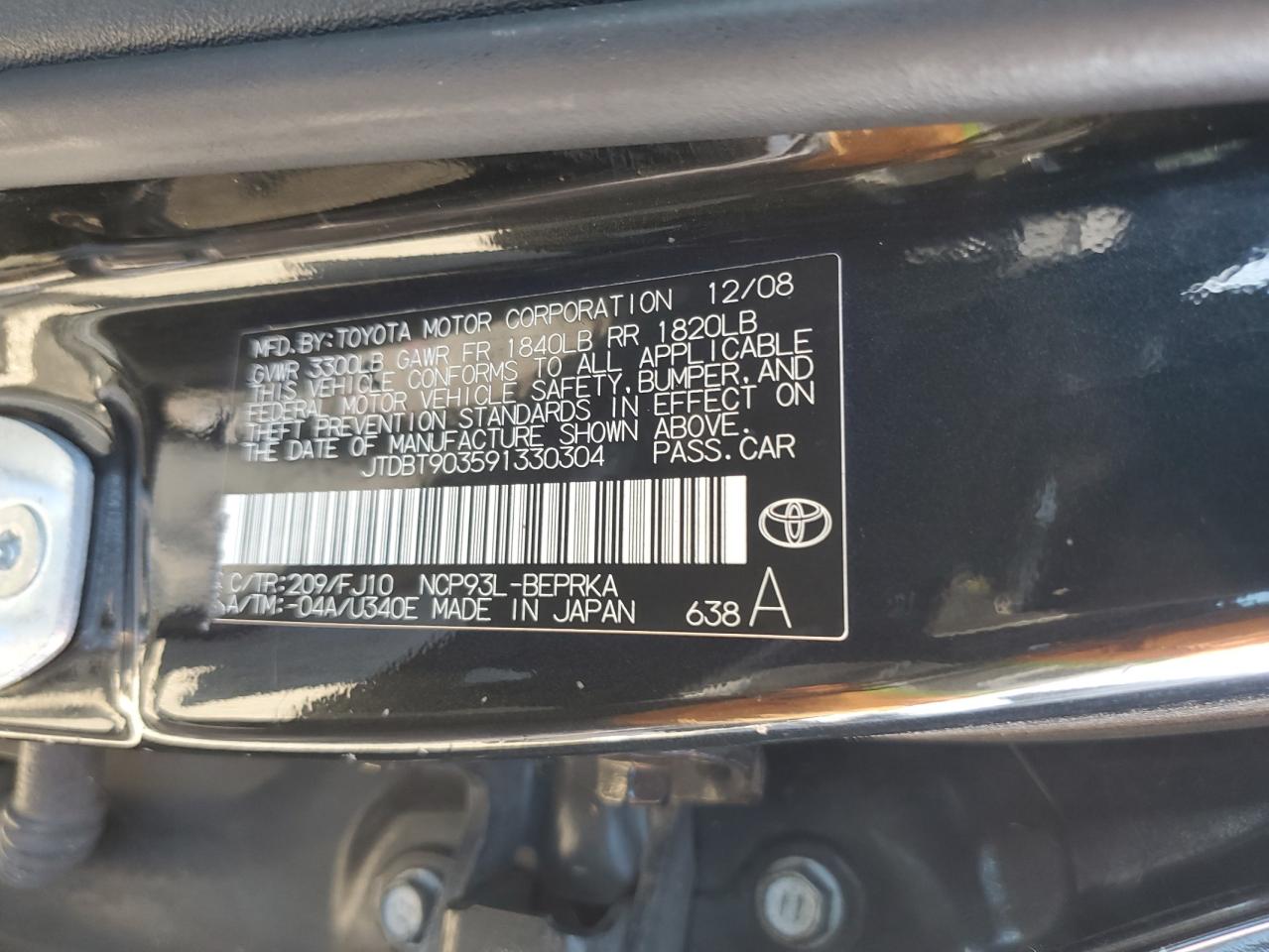 2009 Toyota Yaris VIN: JTDBT903591330304 Lot: 91356415