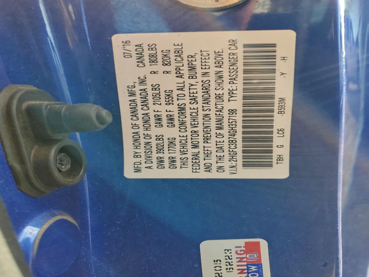 2016 Honda Civic Exl VIN: 2HGFC3B74GH357198 Lot: 92757305