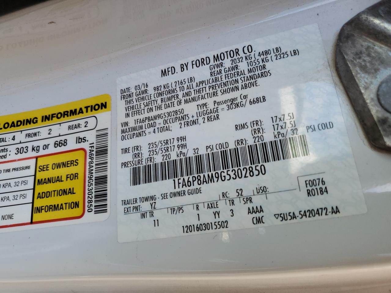 2016 Ford Mustang VIN: 1FA6P8AM9G5302850 Lot: 93330765