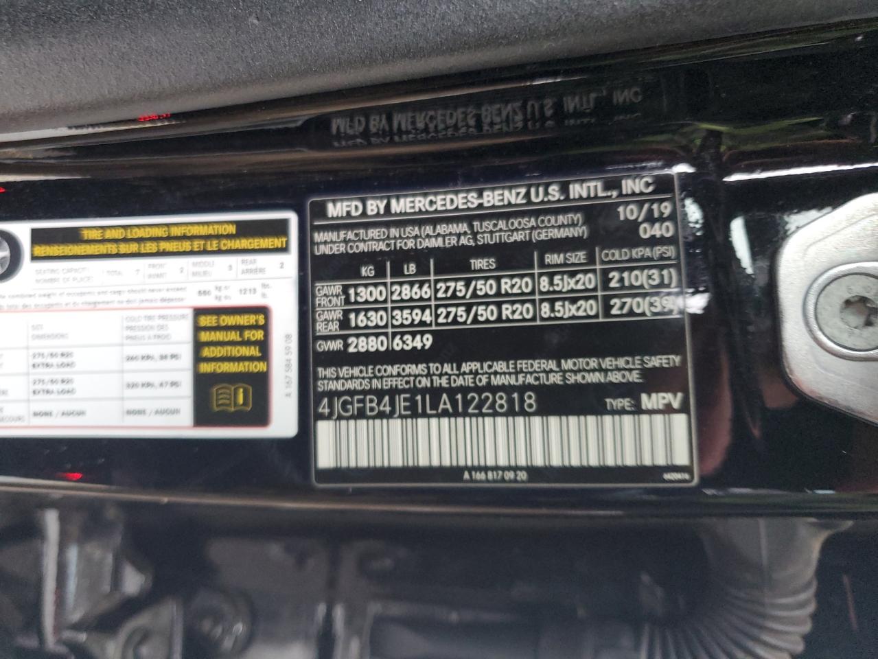 2020 Mercedes-Benz Gle 350 VIN: 4JGFB4JE1LA122818 Lot: 93090735