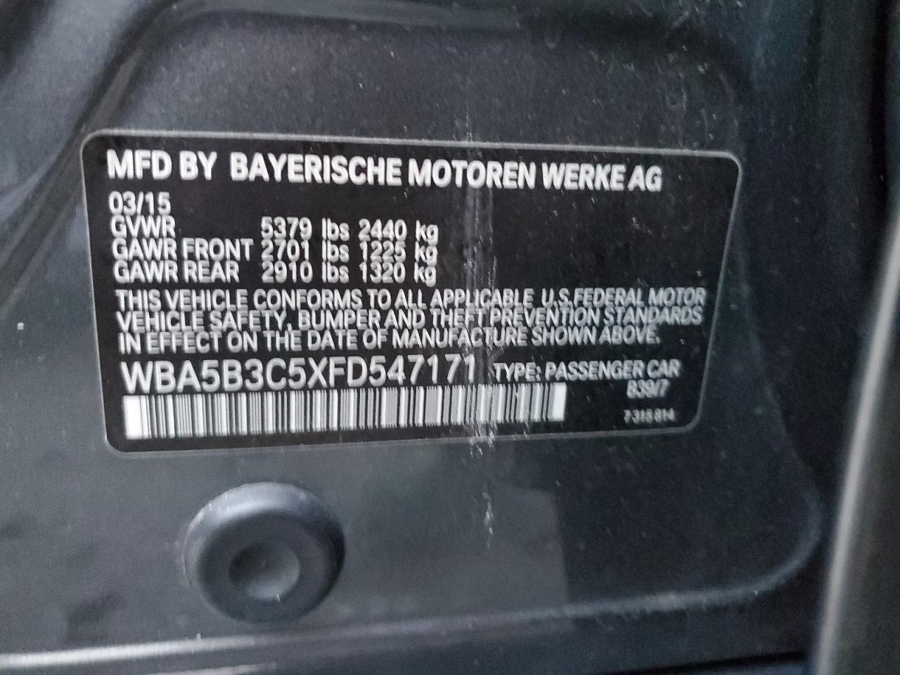 2015 BMW 535 Xi VIN: WBA5B3C5XFD547171 Lot: 92937095