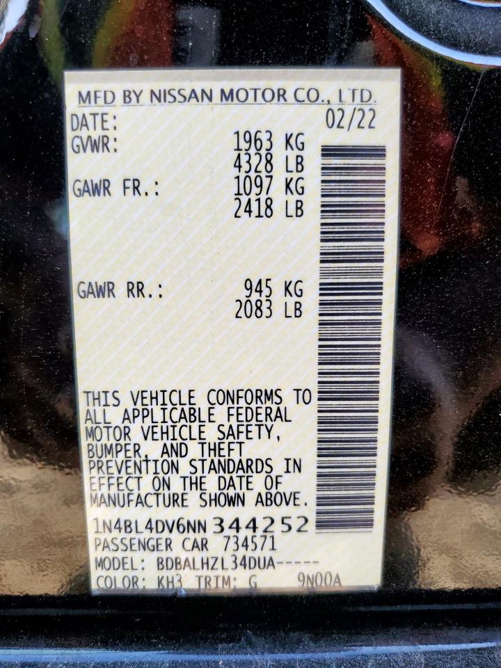 2022 Nissan Altima Sv VIN: 1N4BL4DV6NN344252 Lot: 93213335