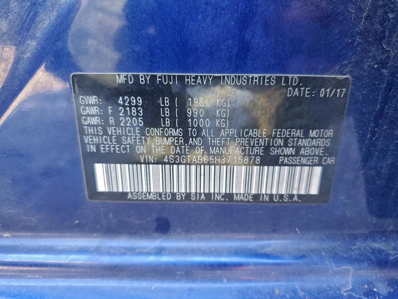 2017 Subaru Impreza Premium VIN: 4S3GTAB65H3715878 Lot: 85439525