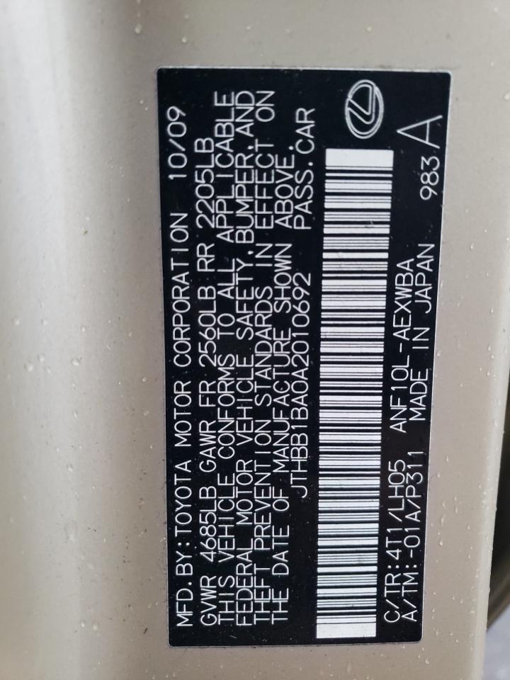 2010 Lexus Hs 250H VIN: JTHBB1BA0A2010692 Lot: 91850895