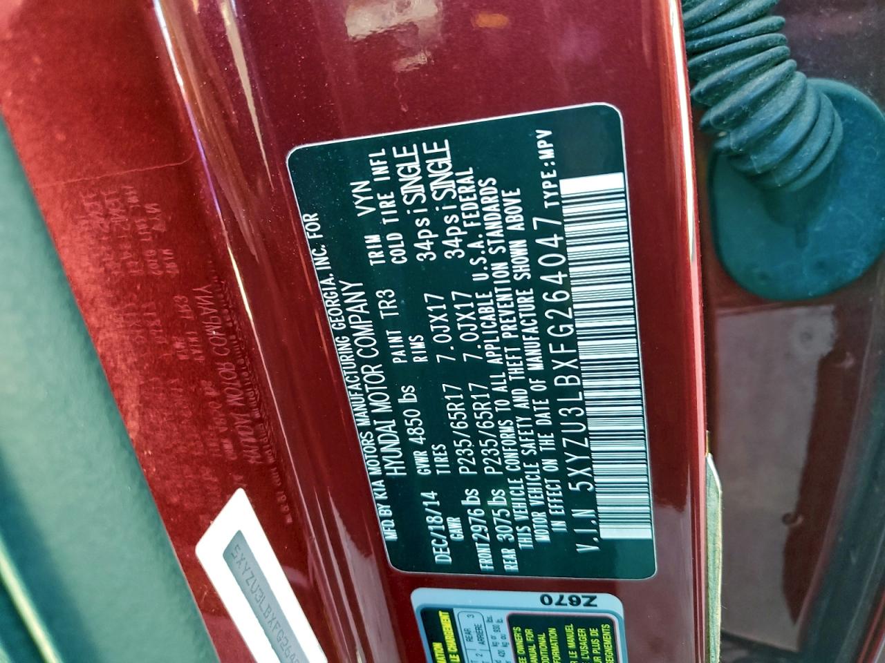 2015 Hyundai Santa Fe Sport VIN: 5XYZU3LBXFG264047 Lot: 94730475