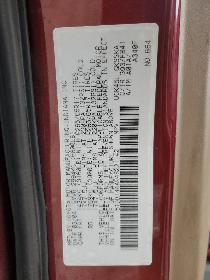 2004 Toyota Sequoia Sr5 VIN: 5TDBT44A94S221142 Lot: 93454665