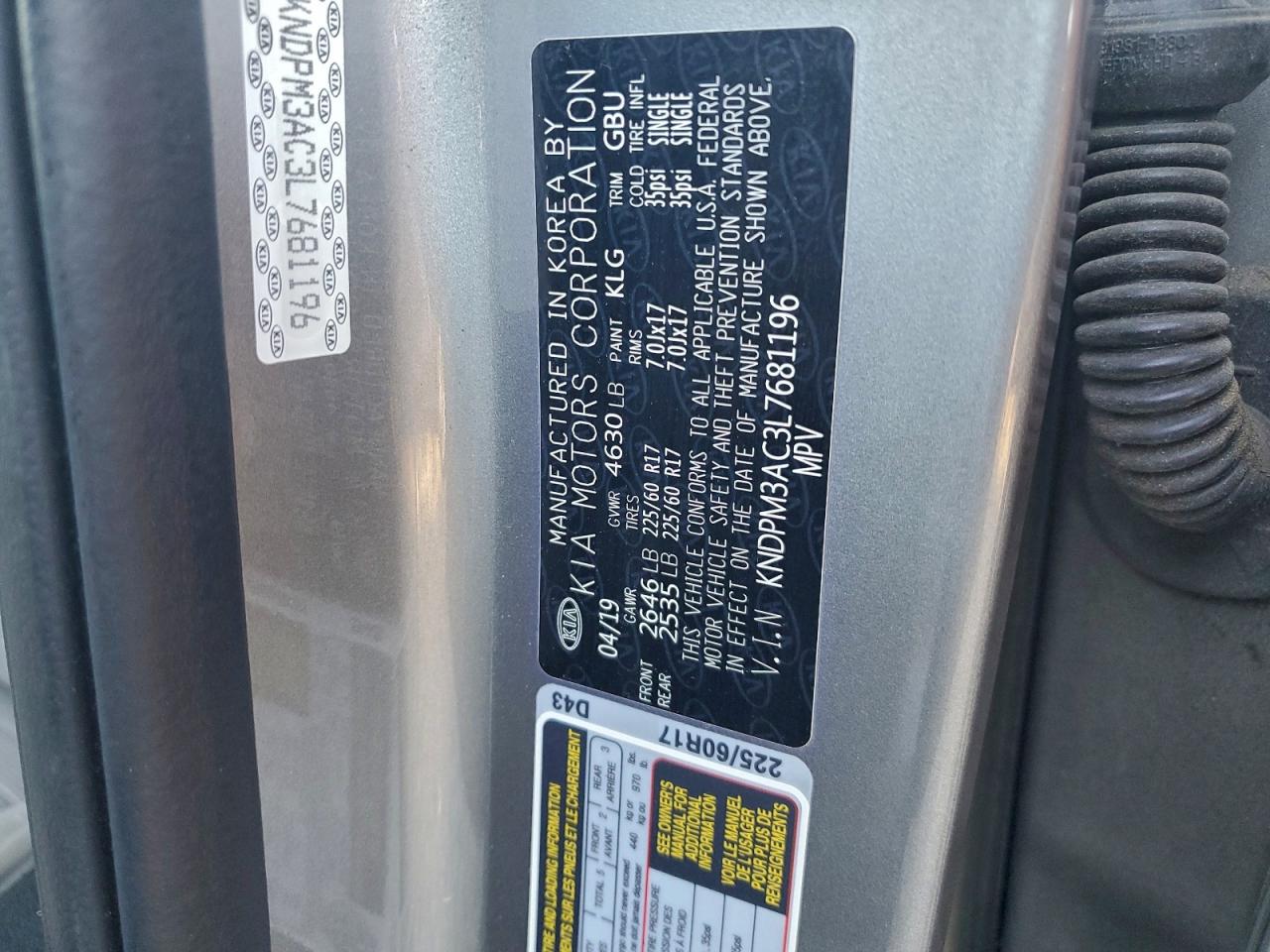 2020 Kia Sportage Lx VIN: KNDPM3AC3L7681196 Lot: 94061085