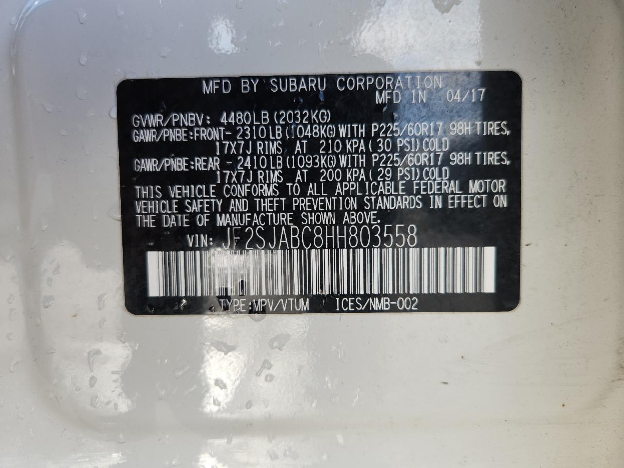 2017 Subaru Forester 2.5I VIN: JF2SJABC8HH803558 Lot: 91145415