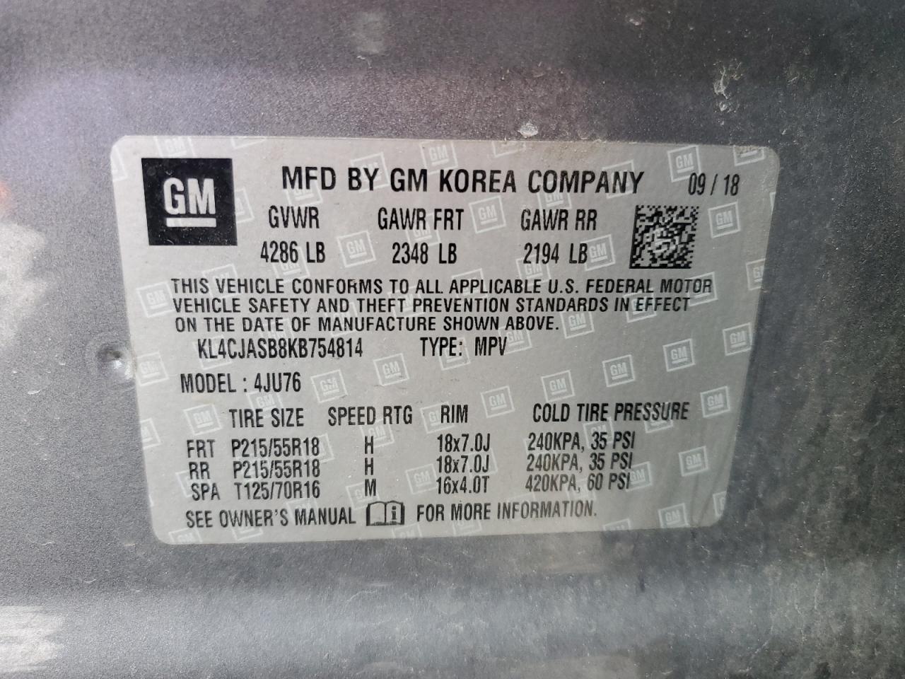 2019 Buick Encore Preferred VIN: KL4CJASB8KB754814 Lot: 92492335