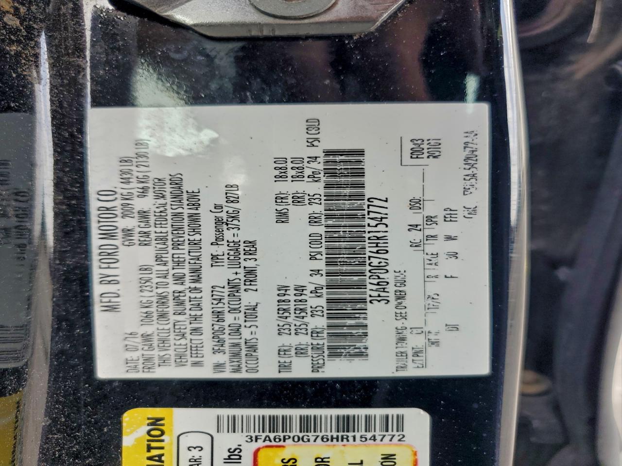 2017 Ford Fusion S VIN: 3FA6P0G76HR154772 Lot: 93607555