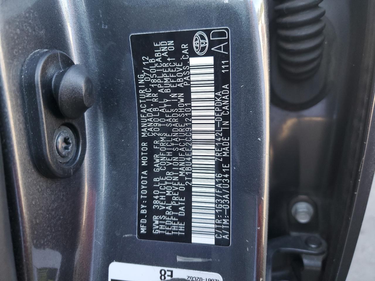 2012 Toyota Corolla Base VIN: 2T1BU4EE2CC912101 Lot: 92862155