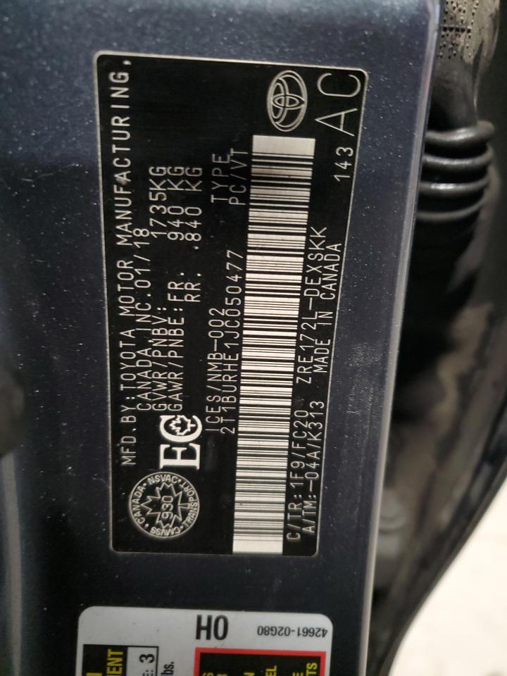 2018 Toyota Corolla L VIN: 2T1BURHE1JC050477 Lot: 91566685