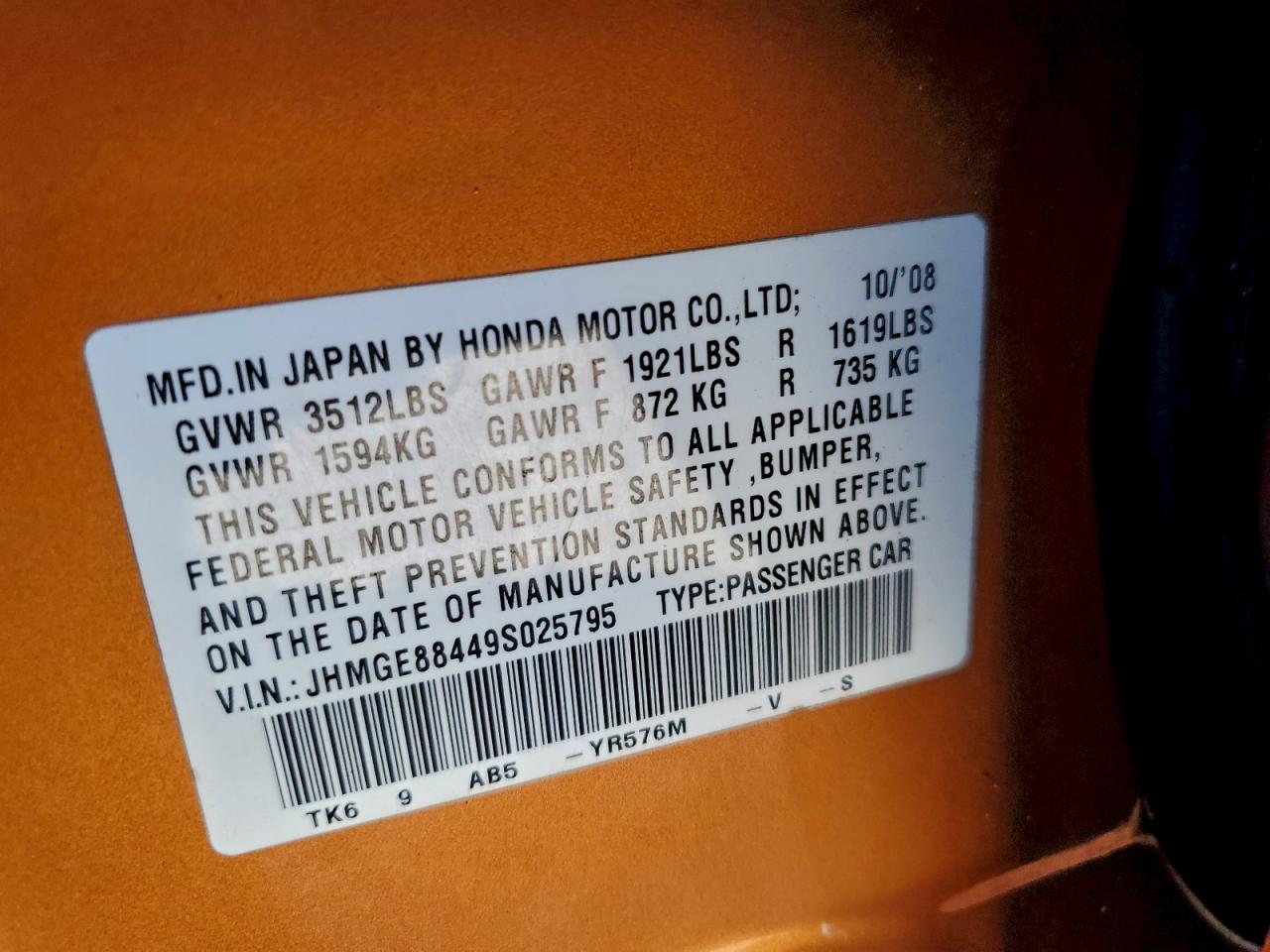 2009 Honda Fit Sport VIN: JHMGE88449S025795 Lot: 93615845