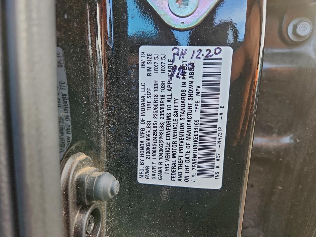 2019 Honda Cr-V Exl VIN: 7FARW1H81KE034169 Lot: 94534095