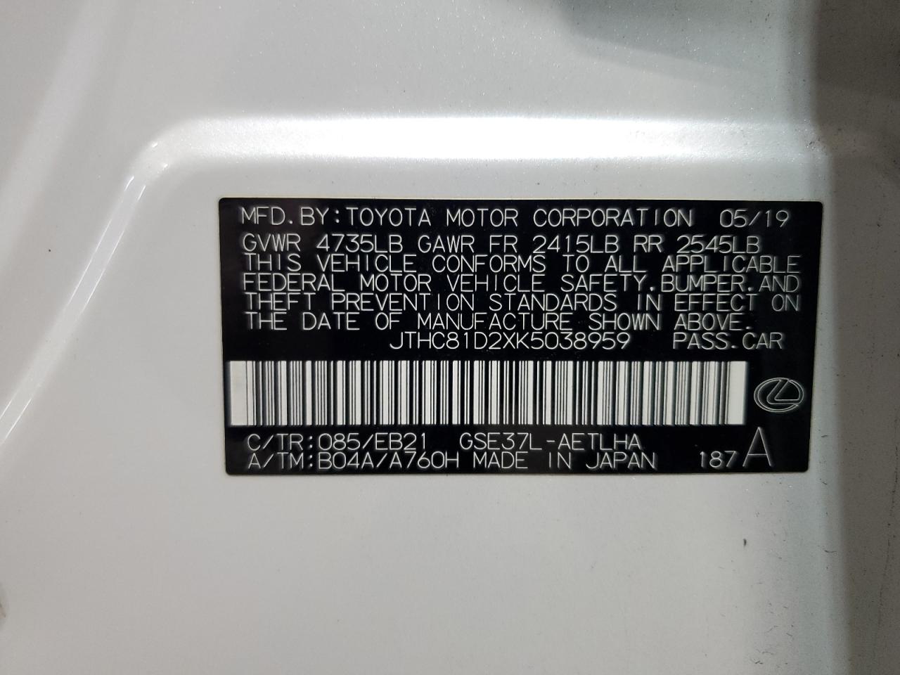 2019 Lexus Is 300 VIN: JTHC81D2XK5038959 Lot: 91178765