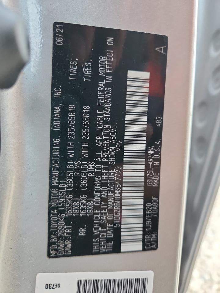 2021 Toyota Highlander Xle VIN: 5TDGZRBH0MS547722 Lot: 92843345