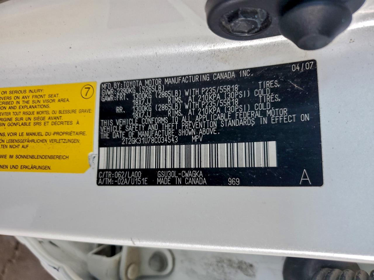 2008 Lexus Rx 350 VIN: 2T2GK31U78C034543 Lot: 94189325