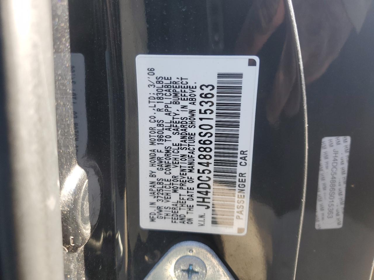 2006 Acura Rsx VIN: JH4DC54886S015363 Lot: 92121805