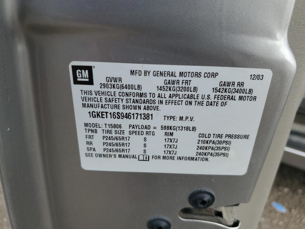 2004 GMC Envoy Xl VIN: 1GKET16S946171381 Lot: 92938375