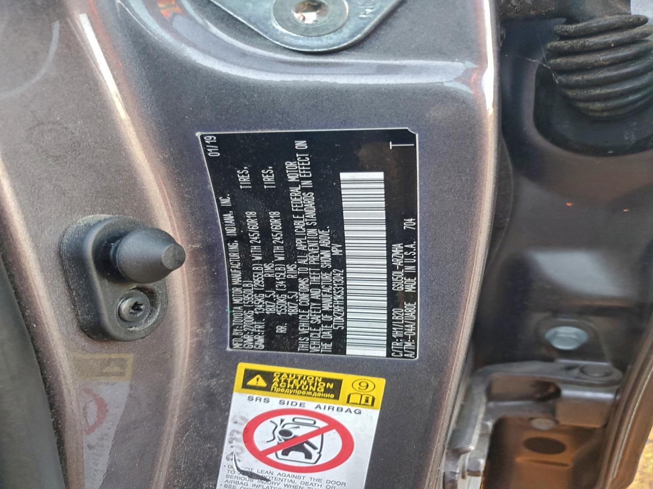 2019 Toyota Highlander Se VIN: 5TDKZRFH1KS313042 Lot: 93936325