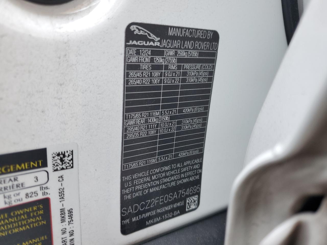 2025 Jaguar F-Pace Svr 575 Edition VIN: SADCZ2FE0SA754695 Lot: 93424135