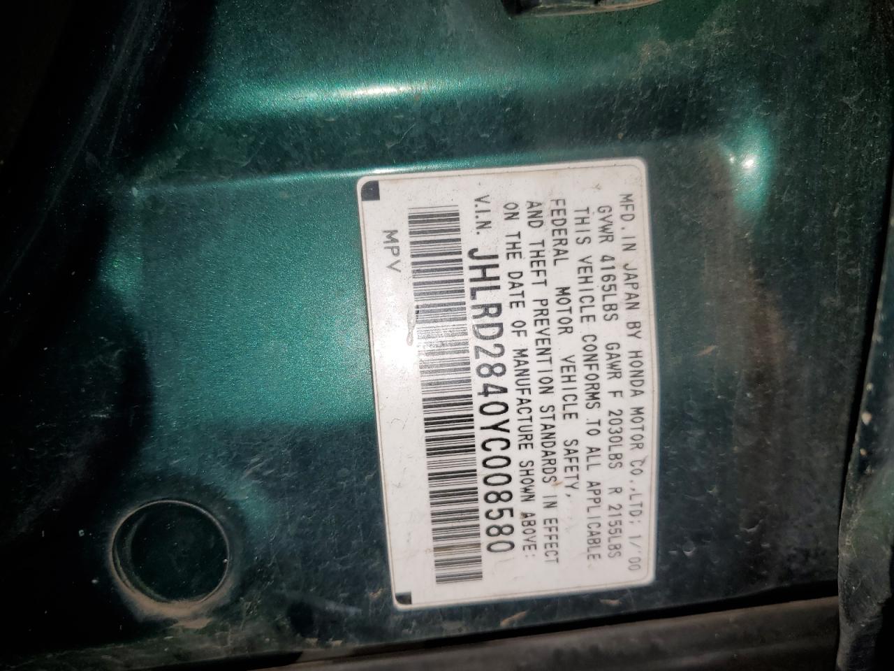 2000 Honda Cr-V Lx VIN: JHLRD2840YC008580 Lot: 92273945